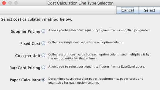 Select cost calculation method window