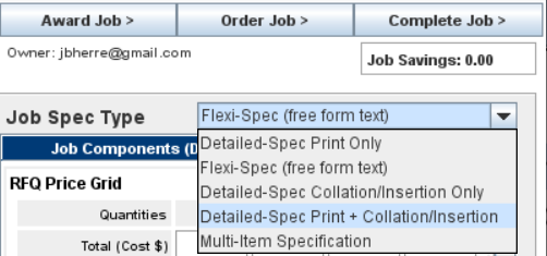 Available configurations for the Detailed Spec on the Job List panel from the Job Master screen.