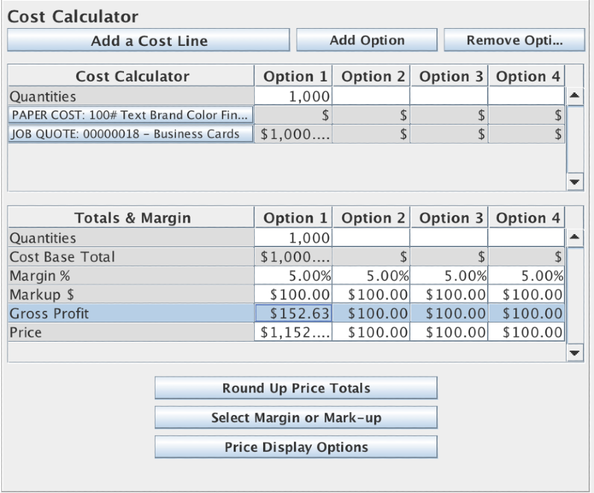 The Proposal Item Editor Cost Calculator section