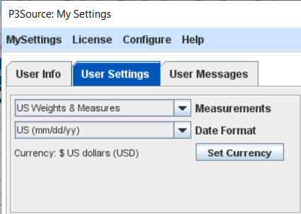 Measurements panel from the User Settings tab in the My Settings window
