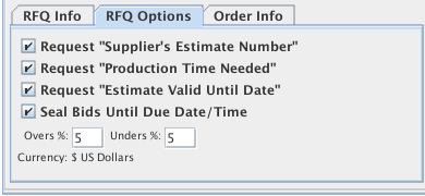 RFQ Options tab panel from the Job Master window