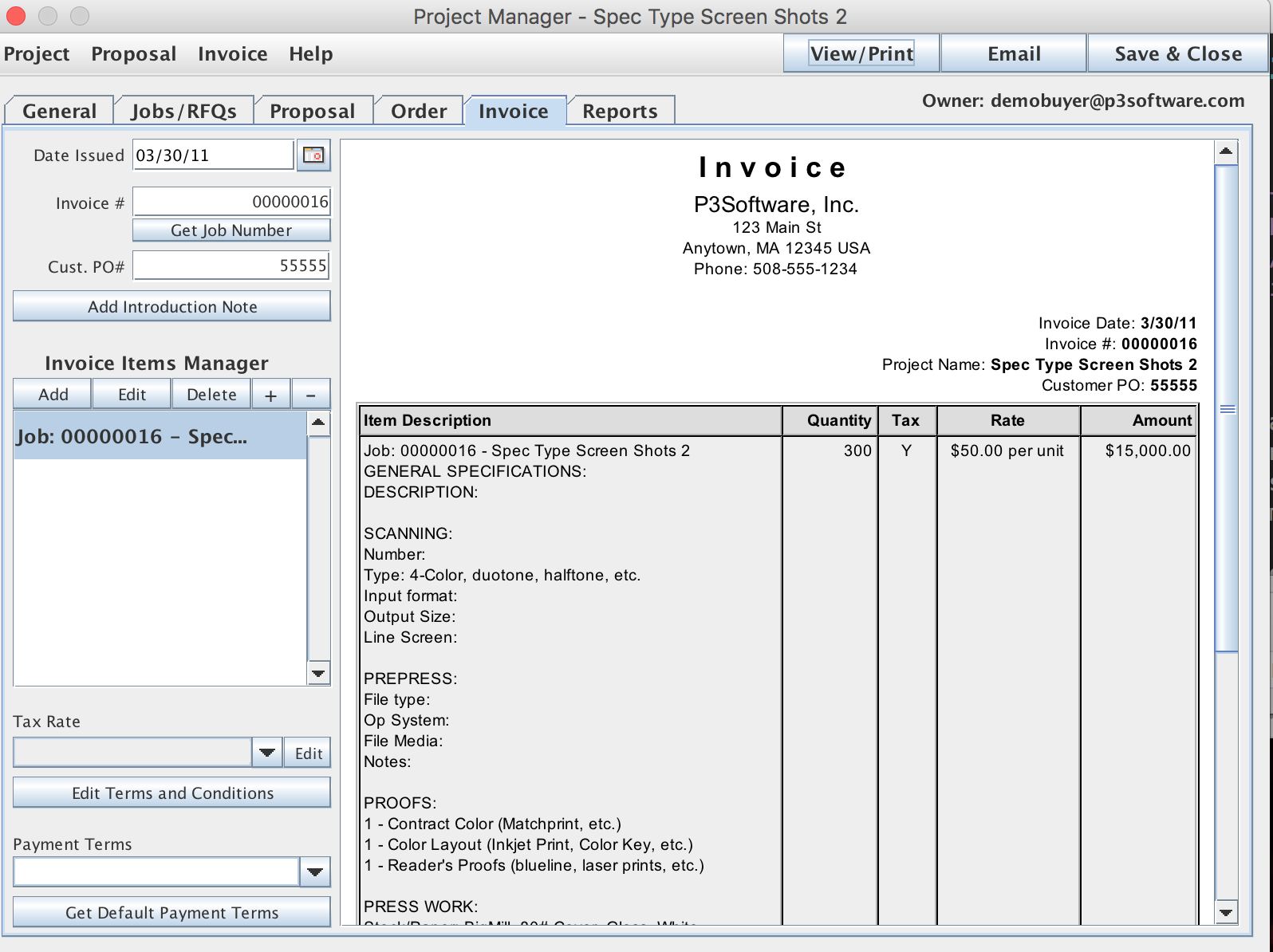 Invoice tab pane shown from the Job List panel / Job Master window / Proposal menu / Project Manager window
