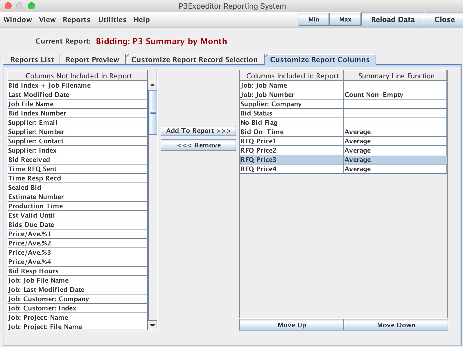 Customize Report Column tab