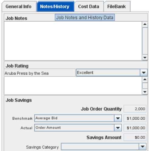 Job Savings Panel located on the Notes & History tab pane in the Job Master window