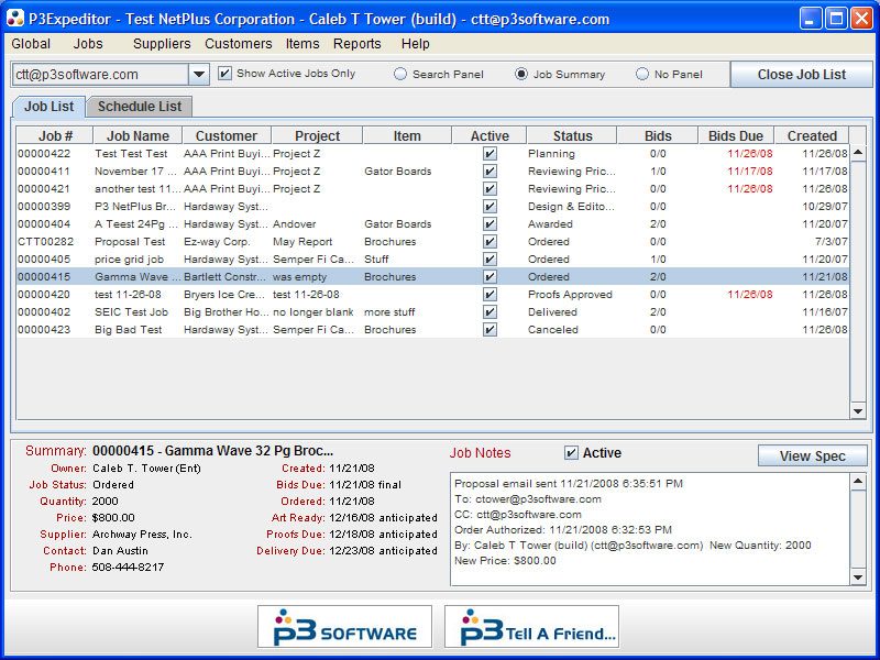 Main P3Expeditor Application Window with Job List Panel and Job Summary Panel showing