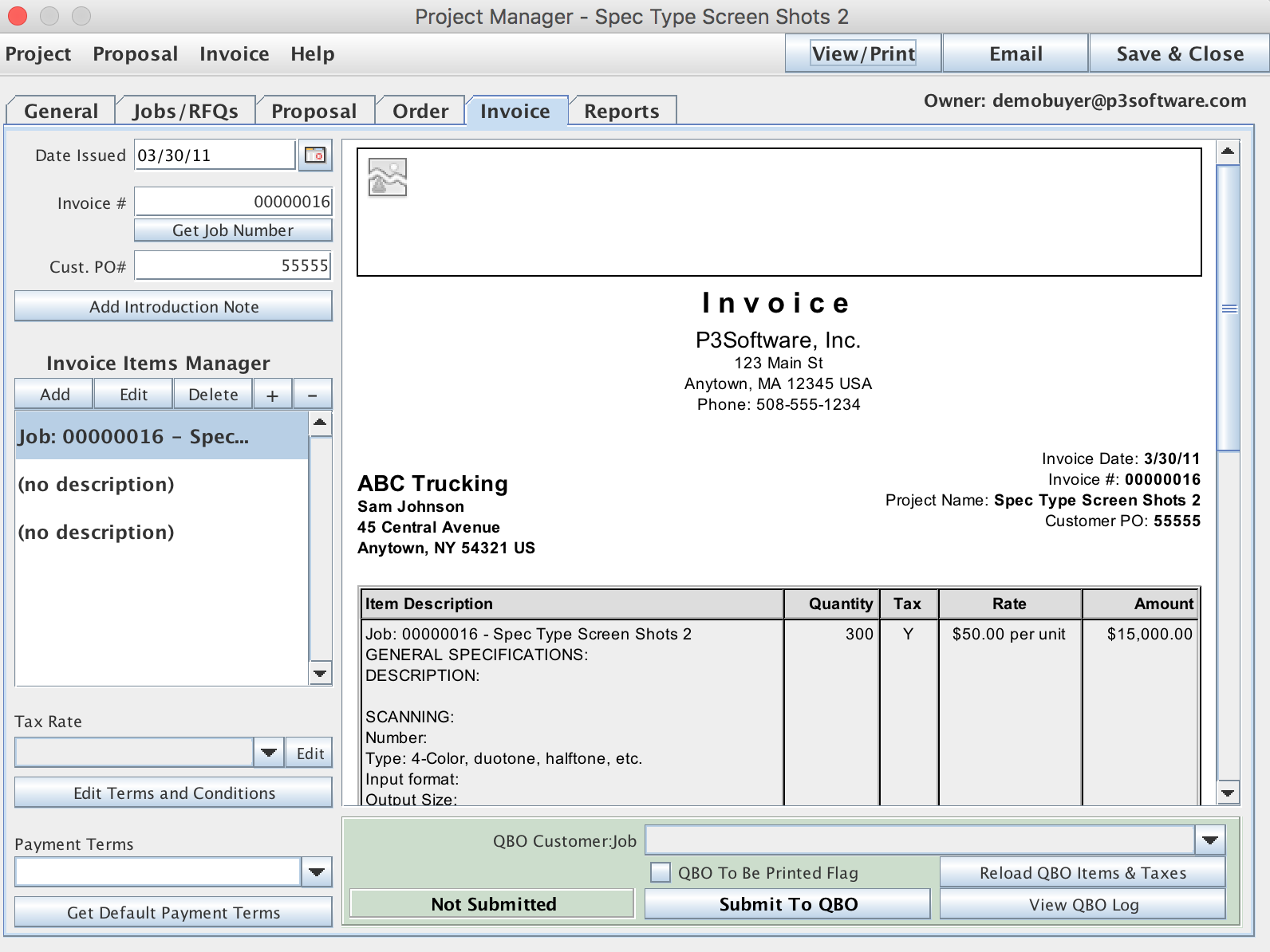 Project Manager Window with the QuickBooks Customer information